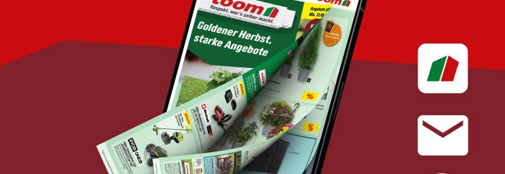 Ein Smartphone zeigt den digitalen Prospekt eines Baumarktes mit Herbstangeboten.